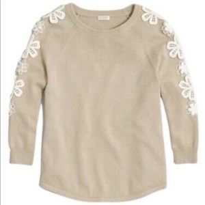 EUC J.Crew Tan Latte Lace Crochet Sleeve Flower Embellished Appliqué Sweater